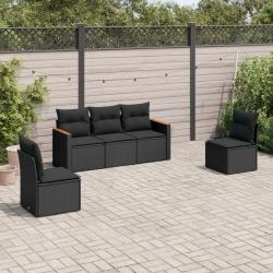 Salon de jardin 5 pcs avec coussins noir r&eacute;sine tress&eacute;e