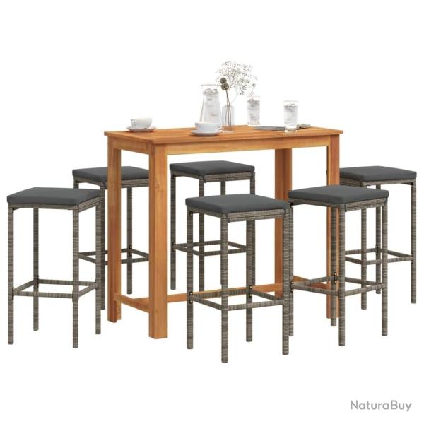 bar de jardin 7 pcs gris bois massif acacia rotin