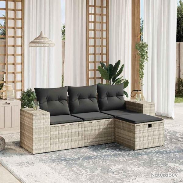 Salon de jardin 4 pcs avec coussins gris clair r�sine tress�e