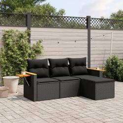 Salon de jardin 4 pcs avec coussins noir r&eacute;sine tress&eacute;e