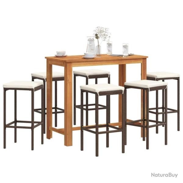bar de jardin 7 pcs marron bois massif acacia rotin