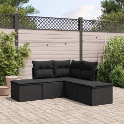 Salon de jardin 5 pcs avec coussins noir r&eacute;sine tress&eacute;e