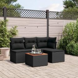 Salon de jardin 5 pcs avec coussins noir r&eacute;sine tress&eacute;e