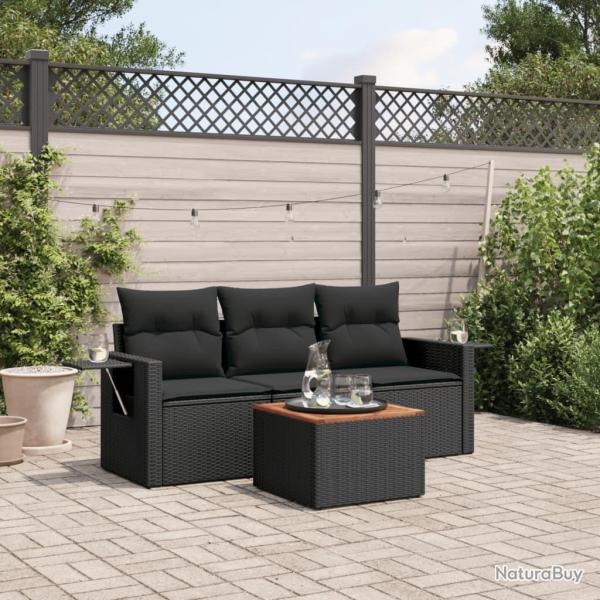 Salon de jardin 4 pcs avec coussins noir r�sine tress�e alsavelo