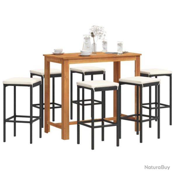 bar de jardin 7 pcs noir bois massif acacia rotin