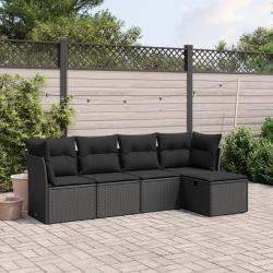 Salon de jardin 5 pcs avec coussins noir r&eacute;sine tress&eacute;e alsavelo