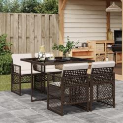 Ensemble &agrave; manger de jardin 5 pcs et coussins marron poly rotin