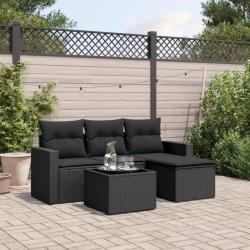 Salon de jardin 5 pcs avec coussins noir r&eacute;sine tress&eacute;e