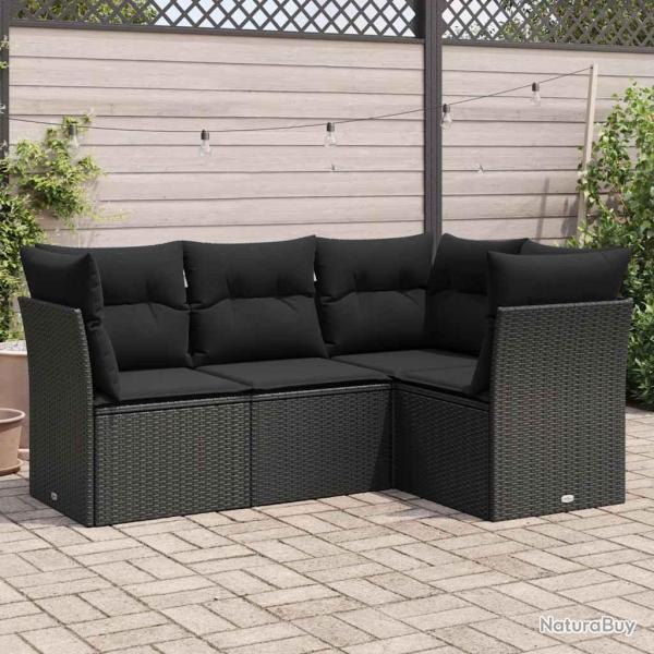 Salon de jardin 4 pcs avec coussins noir r�sine tress�e