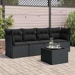 Salon de jardin 5 pcs avec coussins noir r&eacute;sine tress&eacute;e