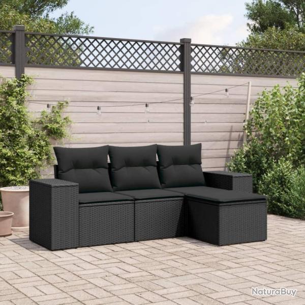 Salon de jardin 4 pcs avec coussins noir r�sine tress�e