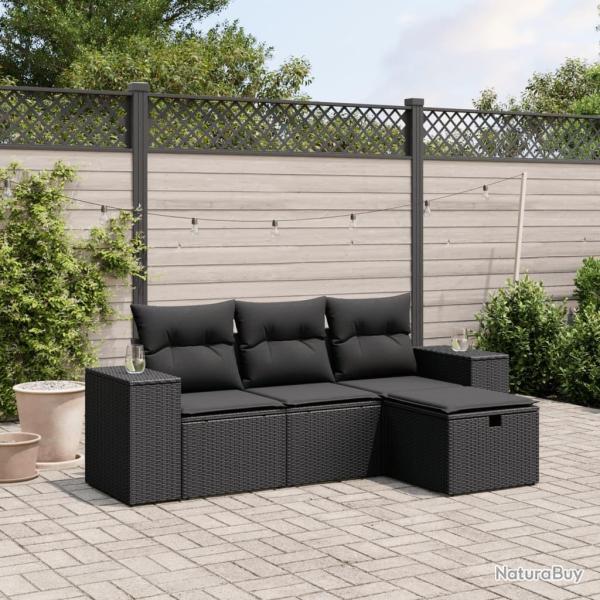 Salon de jardin 4 pcs avec coussins noir r�sine tress�e