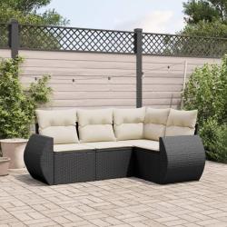 Salon de jardin 4 pcs avec coussins noir r&eacute;sine tress&eacute;e