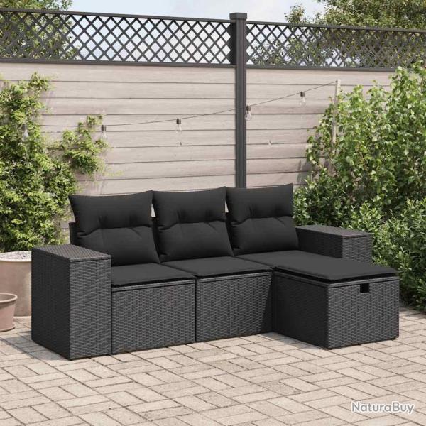 Salon de jardin 4 pcs avec coussins noir r�sine tress�e