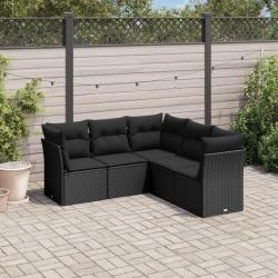 Salon de jardin 5 pcs avec coussins noir r&eacute;sine tress&eacute;e
