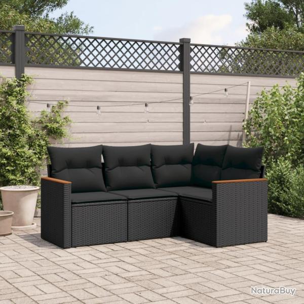 Salon de jardin 4 pcs avec coussins noir r�sine tress�e