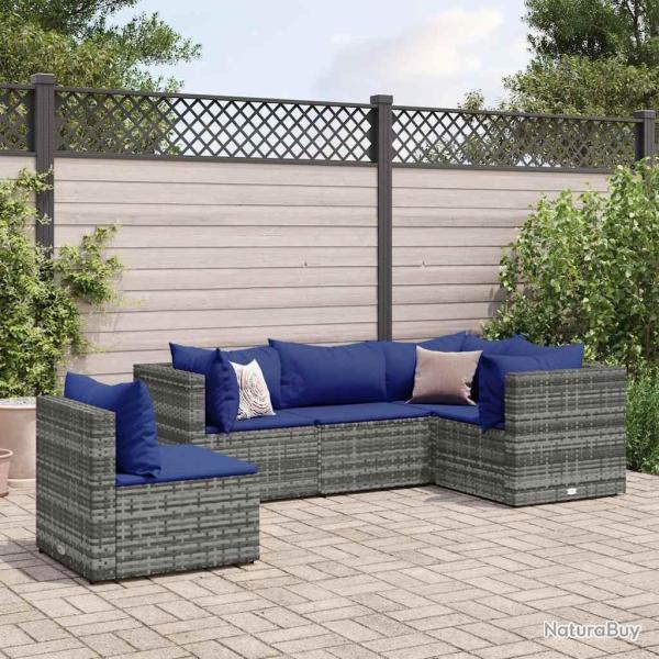 Salon de jardin 5 pcs avec coussins Gris R�sine tress�e