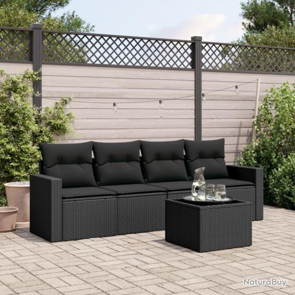 Salon de jardin 5 pcs avec coussins noir r�sine tress�e