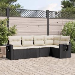 Salon de jardin 5 pcs avec coussins noir r&eacute;sine tress&eacute;e