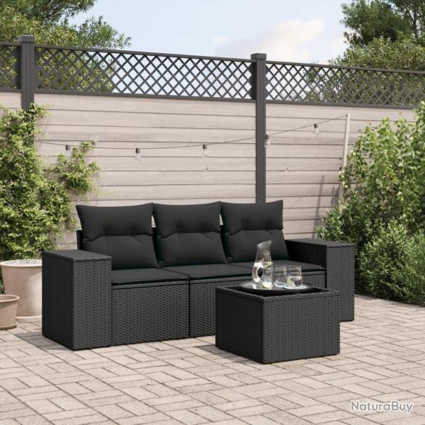 Salon de jardin 4 pcs avec coussins noir r�sine tress�e