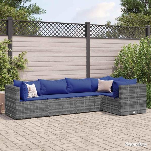 Salon de jardin 5 pcs avec coussins Gris R�sine tress�e