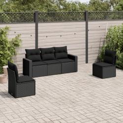 Salon de jardin 5 pcs avec coussins noir r&eacute;sine tress&eacute;e