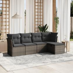 Salon de jardin 5 pcs avec coussins gris r&eacute;sine tress&eacute;e