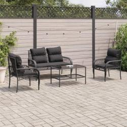 Salon de jardin 4 pcs avec coussins noir r&eacute;sine tress&eacute;e alsavelo