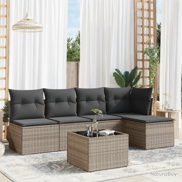 Salon de jardin 6 pcs avec coussins gris r�sine tress�e