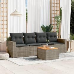 Salon de jardin 5 pcs avec coussins gris r&eacute;sine tress&eacute;e