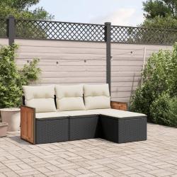 Salon de jardin 4 pcs avec coussins noir r&eacute;sine tress&eacute;e