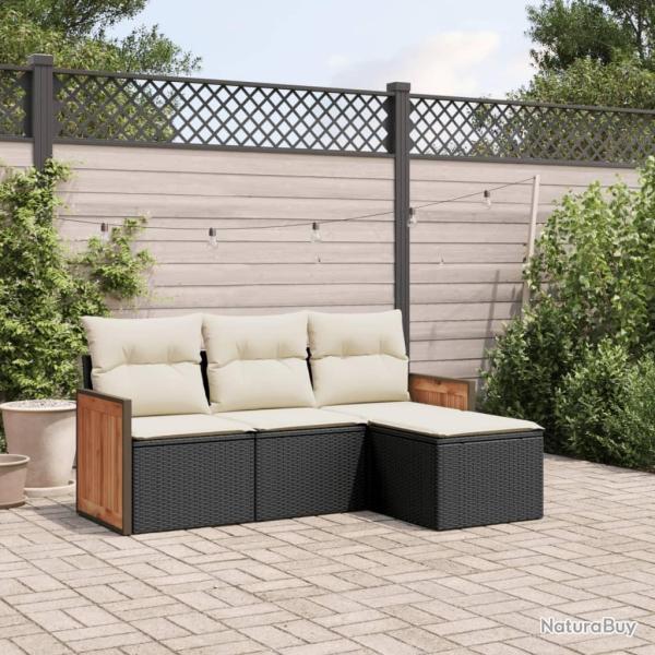 Salon de jardin 4 pcs avec coussins noir r�sine tress�e