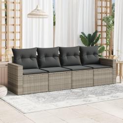 Salon de jardin 4 pcs avec coussins gris clair r&eacute;sine tress&eacute;e