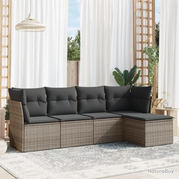 Salon de jardin 5 pcs avec coussins gris r�sine tress�e