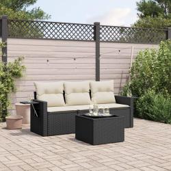 Salon de jardin 4 pcs avec coussins noir r&eacute;sine tress&eacute;e