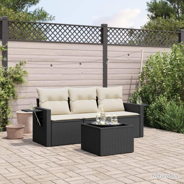 Salon de jardin 4 pcs avec coussins noir r�sine tress�e