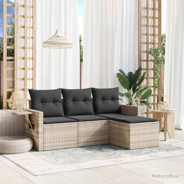 Salon de jardin 4 pcs avec coussins gris clair r�sine tress�e