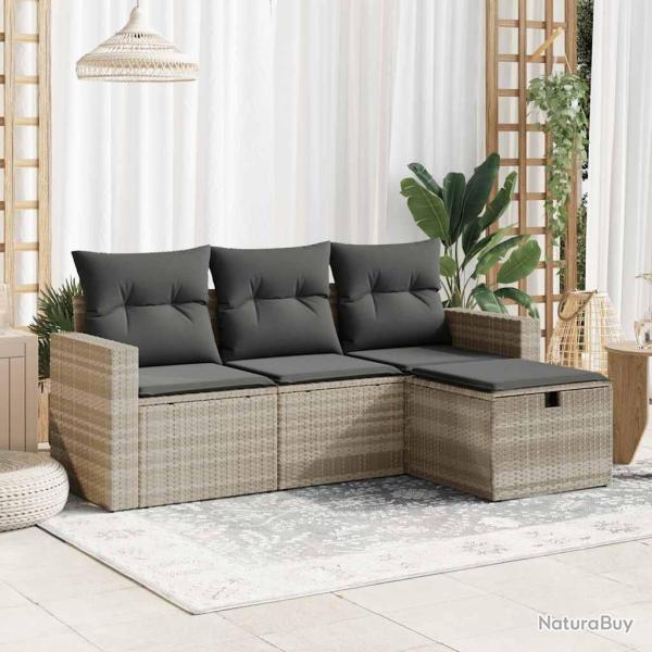 Salon de jardin 4 pcs avec coussins gris clair r�sine tress�e alsavelo