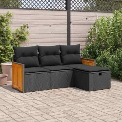 Salon de jardin 4 pcs avec coussins noir r&eacute;sine tress&eacute;e alsavelo