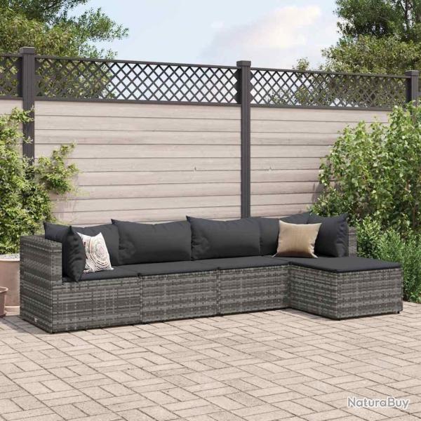 Salon de jardin 5 pcs avec coussins Gris R�sine tress�e