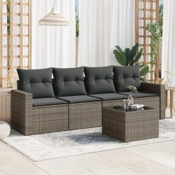 Salon de jardin 5 pcs avec coussins gris r&eacute;sine tress&eacute;e