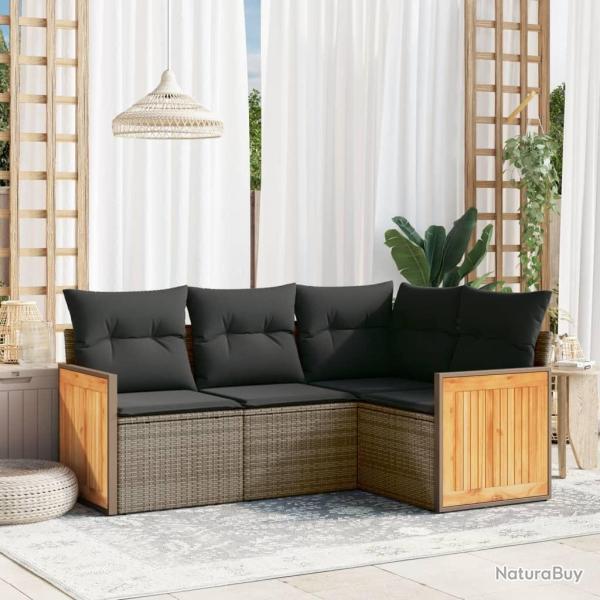 Salon de jardin 4 pcs avec coussins gris r�sine tress�e