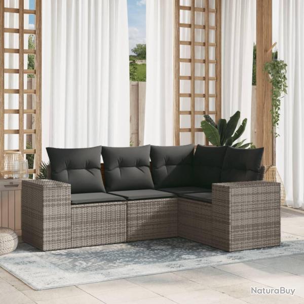 Salon de jardin 4 pcs avec coussins gris r�sine tress�e