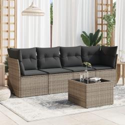 Salon de jardin 5 pcs avec coussins gris r&eacute;sine tress&eacute;e