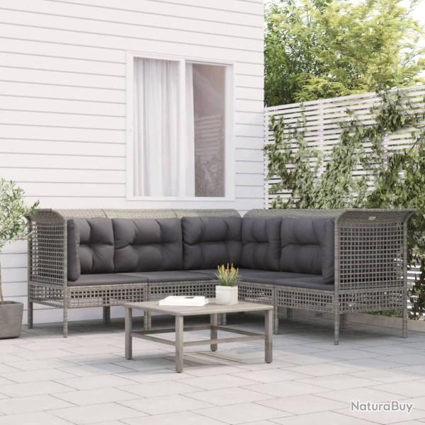 Salon de jardin 5 pcs avec coussins Gris R�sine tress�e