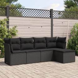 Salon de jardin 5 pcs avec coussins noir r&eacute;sine tress&eacute;e alsavelo