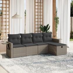 Salon de jardin 5 pcs avec coussins gris r&eacute;sine tress&eacute;e