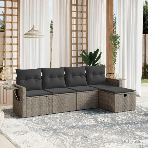 Salon de jardin 5 pcs avec coussins gris r�sine tress�e