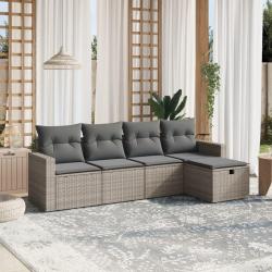Salon de jardin 5 pcs avec coussins gris r&eacute;sine tress&eacute;e