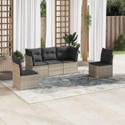 Salon de jardin 5 pcs avec coussins gris clair r&eacute;sine tress&eacute;e